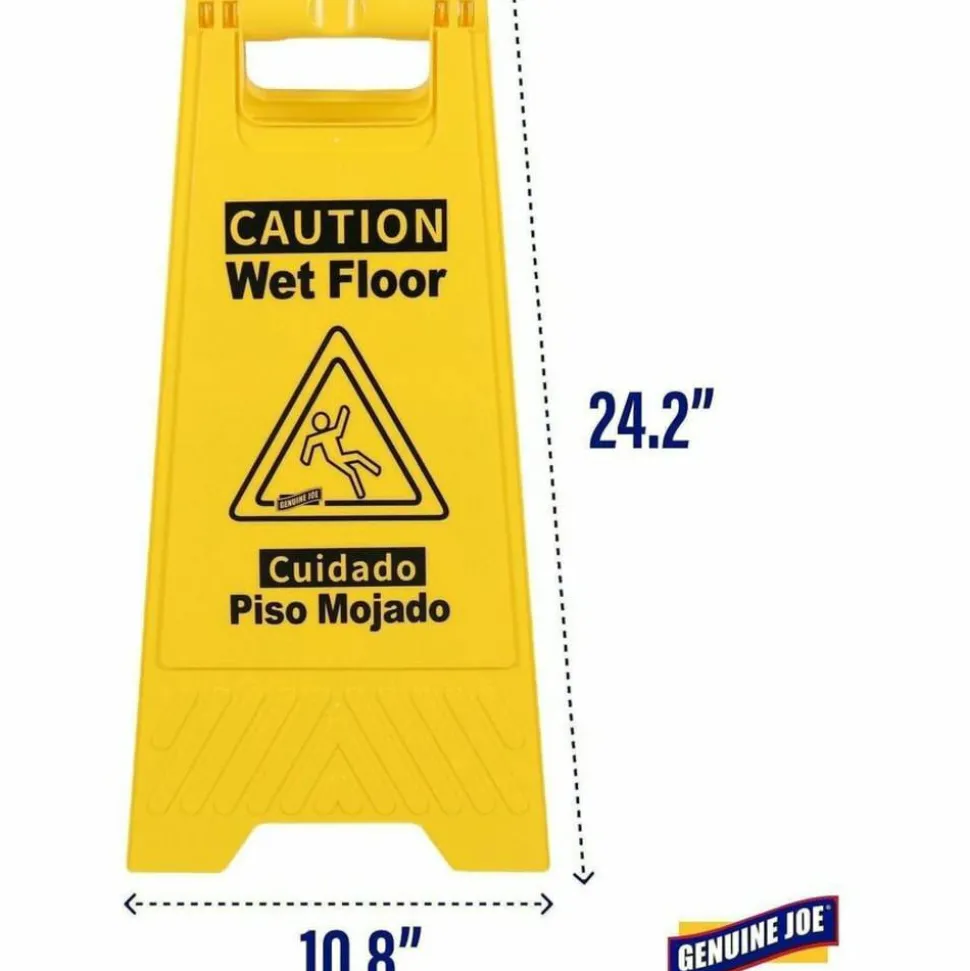 Genuine Joe Universal Graphic Wet Floor Sign - English, Spanish - Print/Message "Wet Floor" - Foldable - Yellow - 1 Each