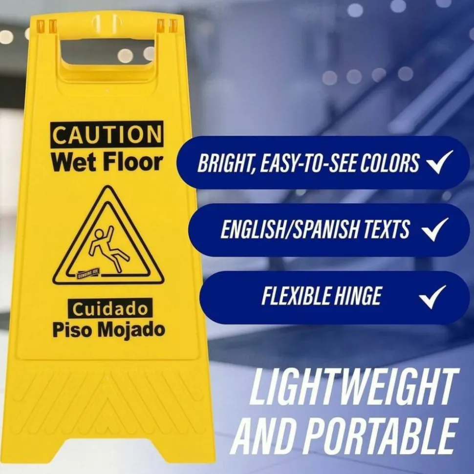 Genuine Joe Universal Graphic Wet Floor Sign - English, Spanish - Print/Message "Wet Floor" - Foldable - Yellow - 1 Each