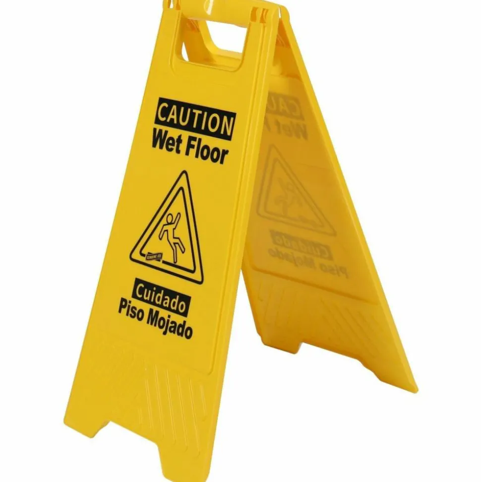 Genuine Joe Universal Graphic Wet Floor Sign - English, Spanish - Print/Message "Wet Floor" - Foldable - Yellow - 1 Each