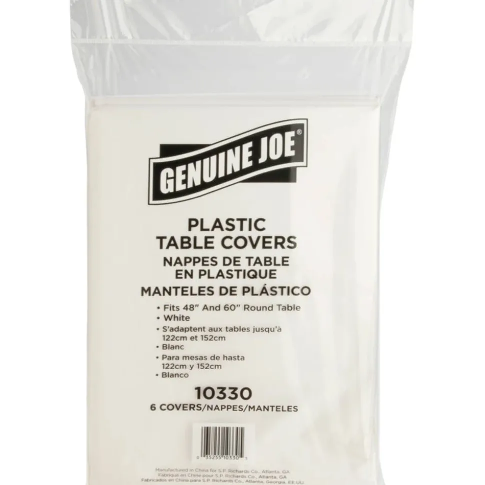 Genuine Joe Plastic Round Tablecovers, 84" Diameter, Plastic, White, 6 Per Pack, 4 Packs
