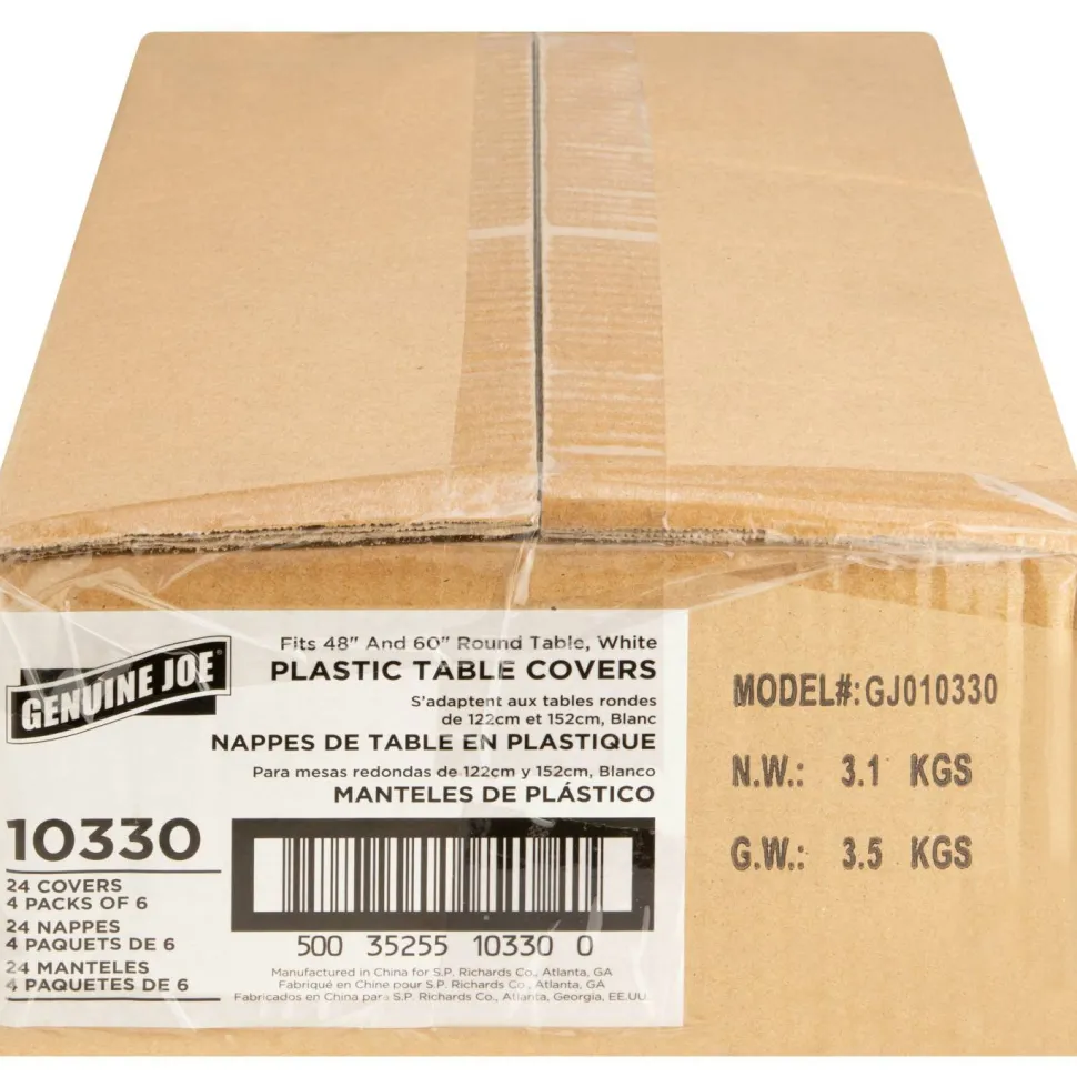 Genuine Joe Plastic Round Tablecovers, 84" Diameter, Plastic, White, 6 Per Pack, 4 Packs