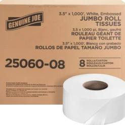 Genuine Joe 2-Ply Embossed Jumbo Roll Toilet Paper, 1000 Sheets Per Roll, Pack Of 8 Rolls