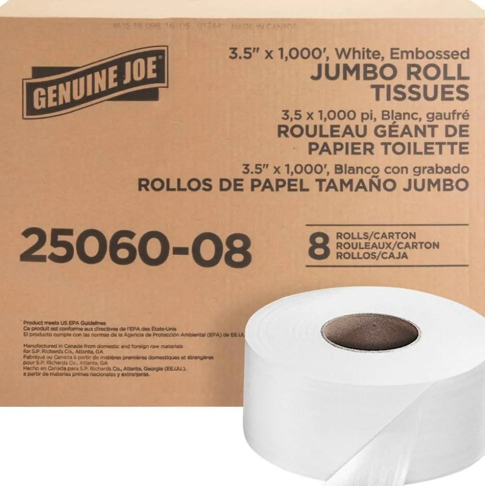 Genuine Joe 2-Ply Embossed Jumbo Roll Toilet Paper, 1000 Sheets Per Roll, Pack Of 8 Rolls