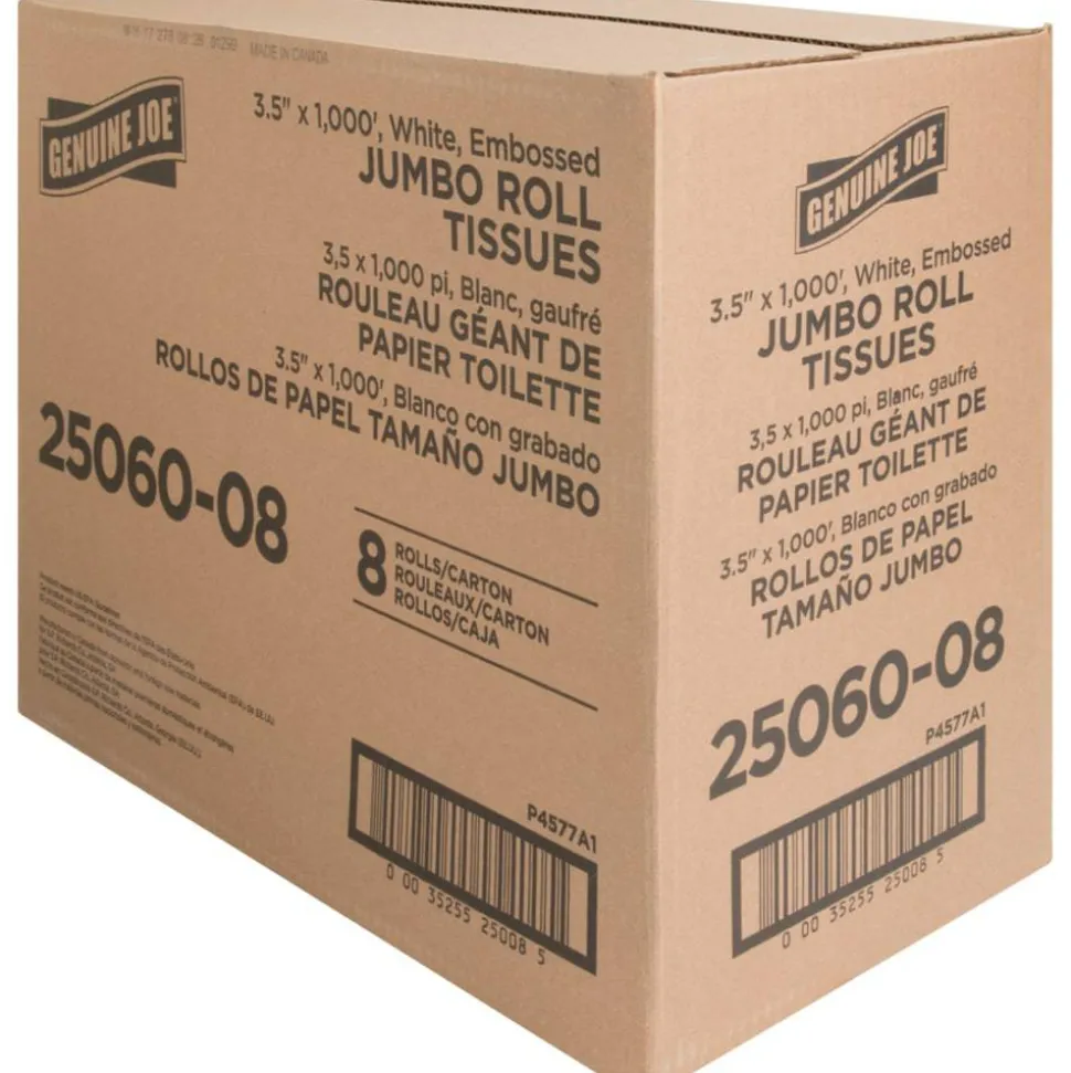 Genuine Joe 2-Ply Embossed Jumbo Roll Toilet Paper, 1000 Sheets Per Roll, Pack Of 8 Rolls
