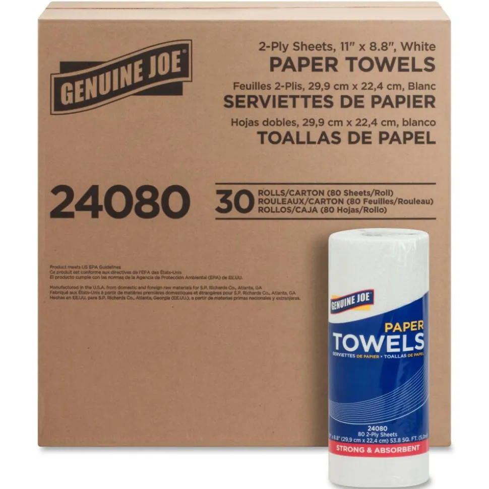 Genuine Joe 2-Ply Household Paper Towels, 100% Recycled, 80 Sheets Per Roll, Pack Of 30 Rolls
