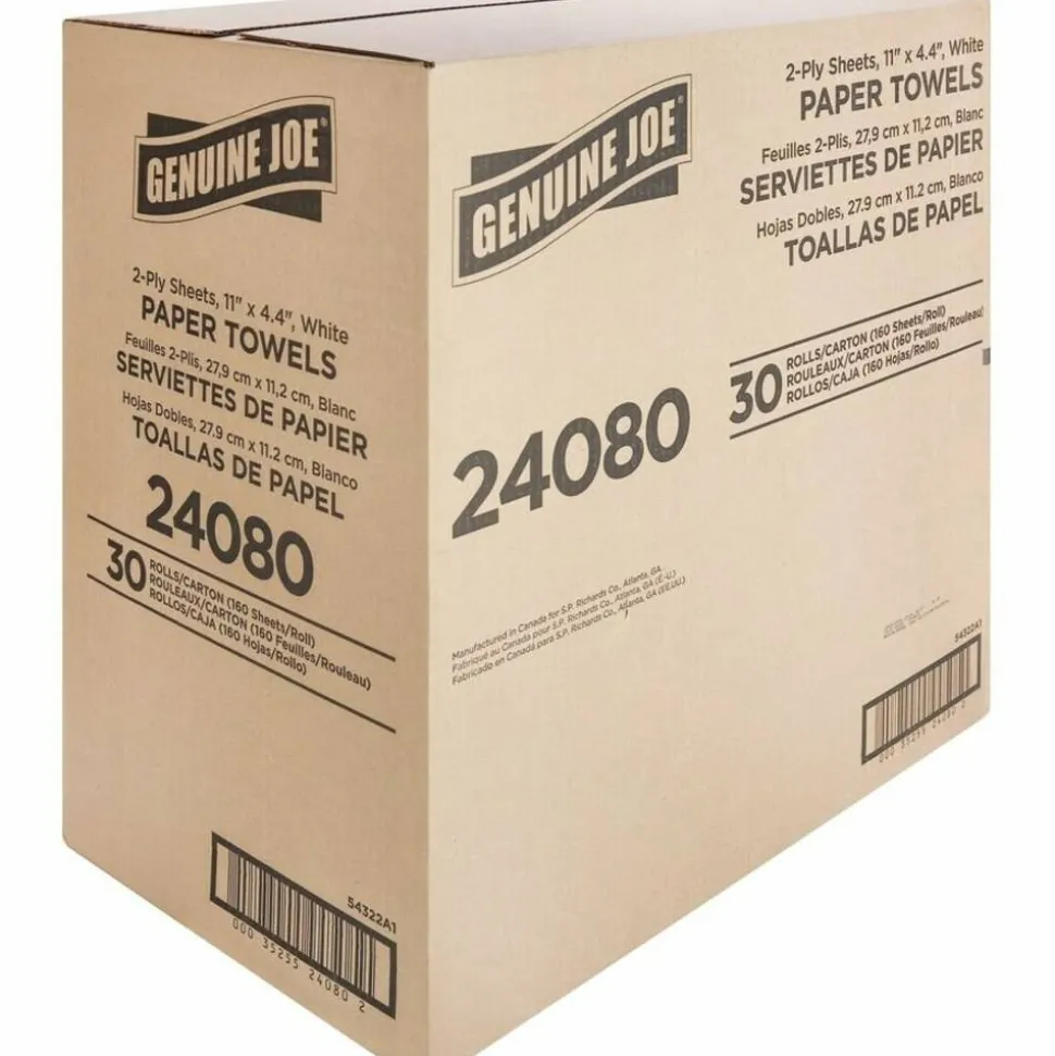 Genuine Joe 2-Ply Household Paper Towels, 100% Recycled, 80 Sheets Per Roll, Pack Of 30 Rolls