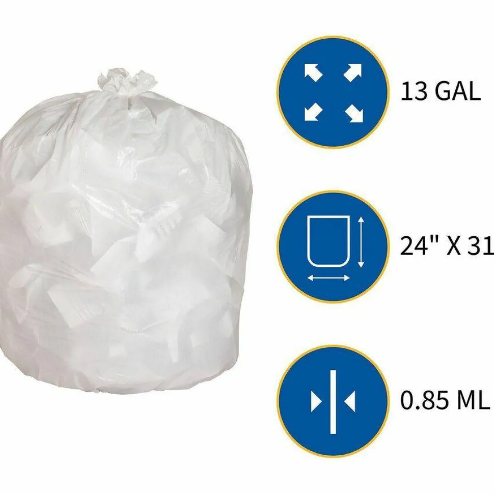 Genuine Joe 75% Recycled Heavy-Duty Contractor Trash Bags, 0.8 mil, 13 Gallons, 24" x 31", White, Box Of 150