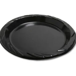 Genuine Joe Round Plastic Black Plates - 125 / Pack - 9