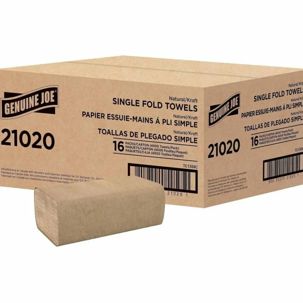 Genuine Joe Single-Fold 1-Ply Paper Towels, Natural, Pack Of 4000 Sheets