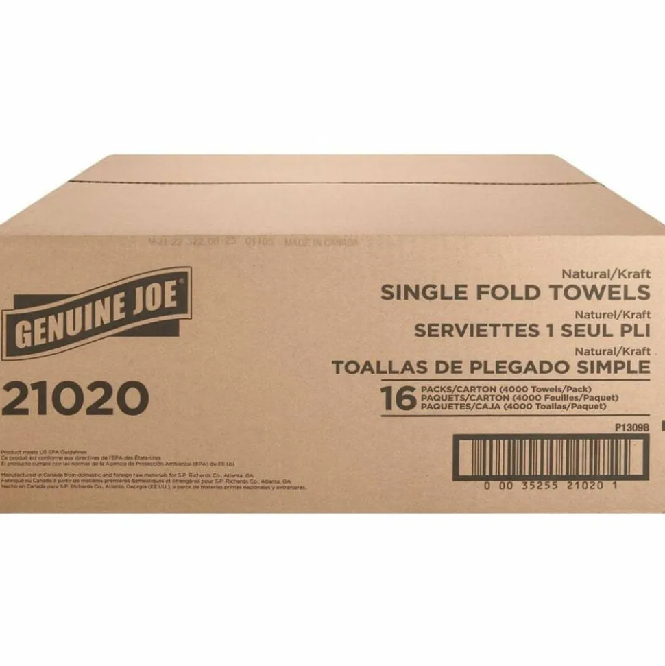 Genuine Joe Single-Fold 1-Ply Paper Towels, Natural, Pack Of 4000 Sheets