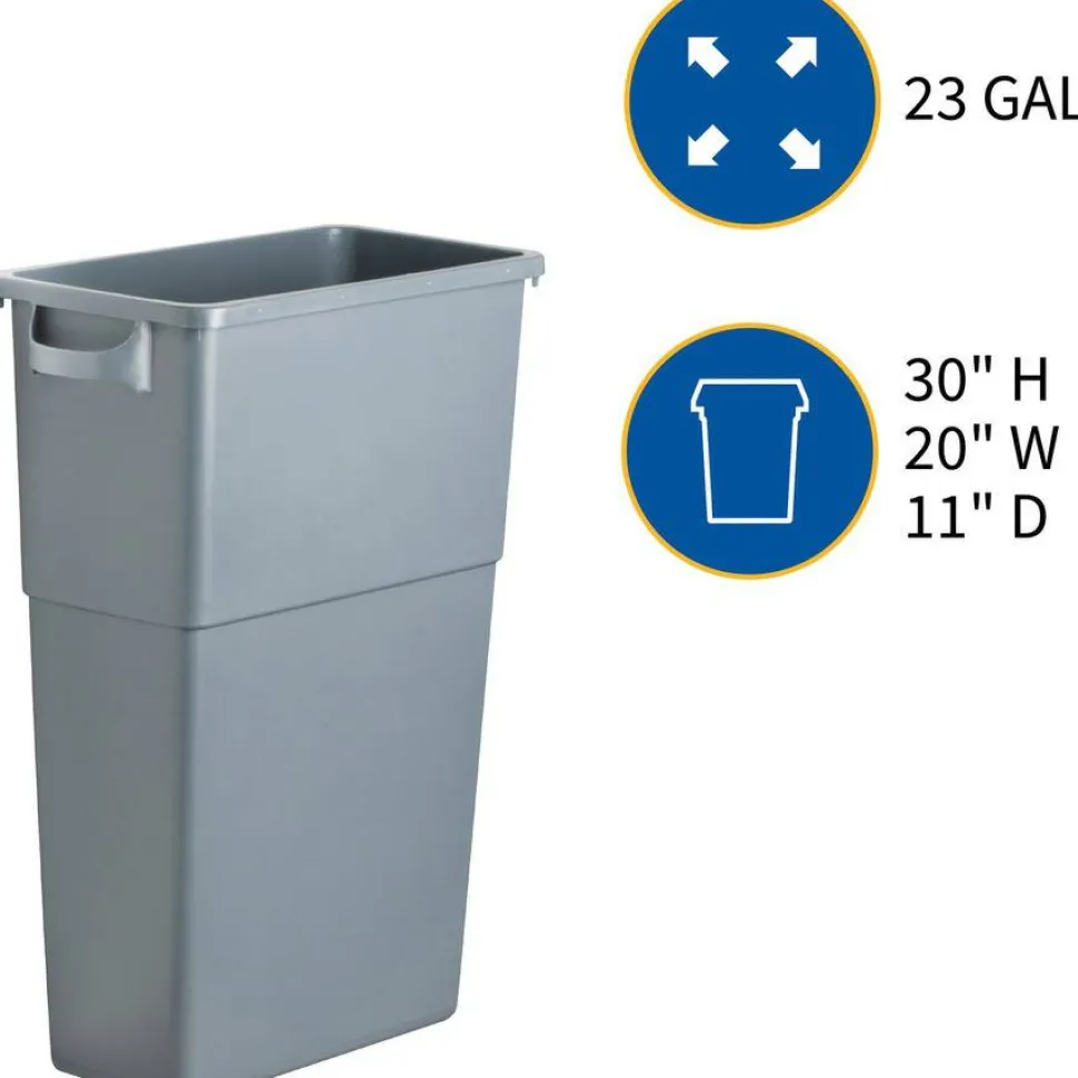Genuine Joe Space-Saving Waste Container, 23 Gallons, 30" x 16 3/4" x 9 1/2", Gray