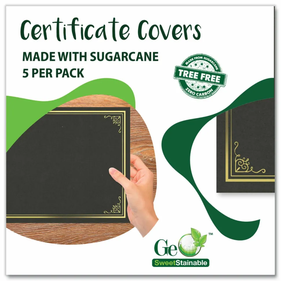 Geographics Certificate/Document Cover, 9.75" x 12.5", Black With Gold Foil, 5/Pack