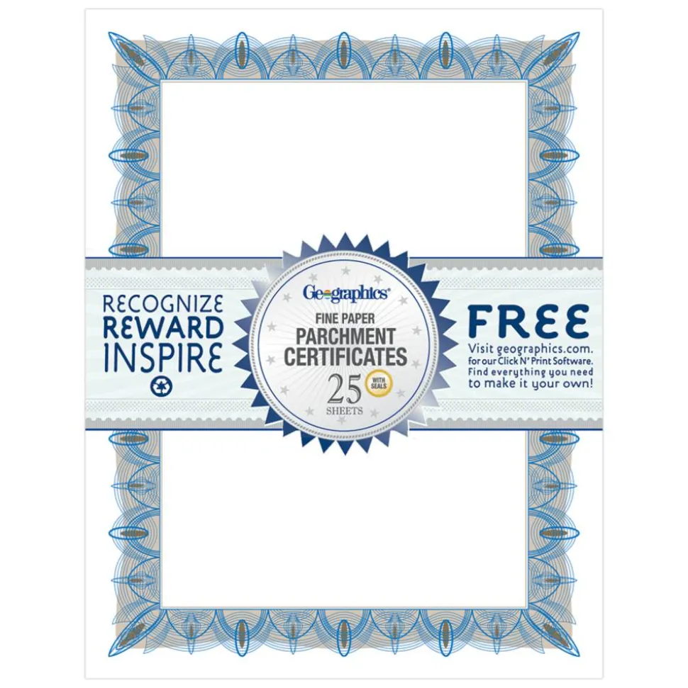 Geographics Parchment Certificates, 8-1/2" x 11", Classic Blue, Pack Of 25
