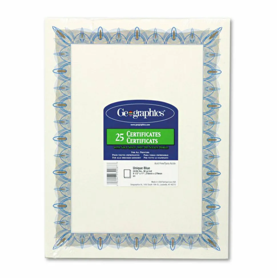 Geographics Parchment Certificates, 8-1/2" x 11", Classic Blue, Pack Of 25