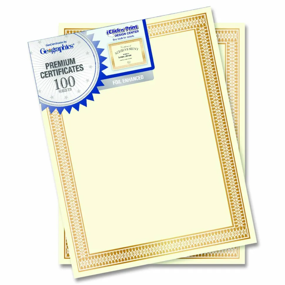 Geographics Traditional Award Certificates - 24 lb Basis Weight - 8.5" Width - Laser, Inkjet Compatible - Gold - 100 / Pack