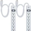 GE 6 Outlet Power Strip 2 Pack, 1'6" Cord, White, 14833