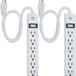 GE 6 Outlet Power Strip 2 Pack, 1'6" Cord, White, 14833