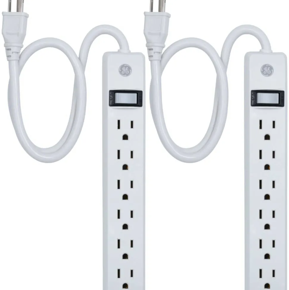 GE 6 Outlet Power Strip 2 Pack, 1'6" Cord, White, 14833