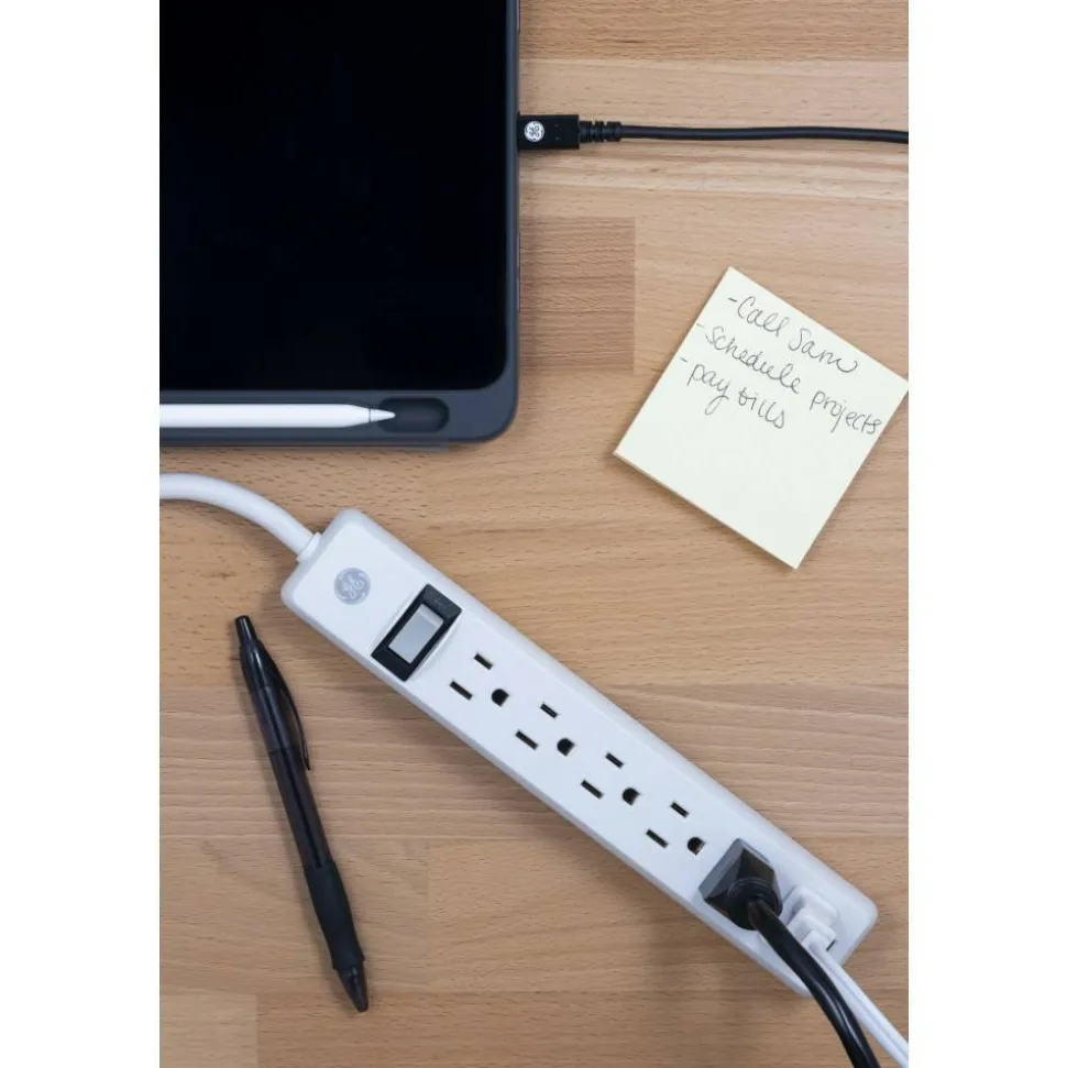 GE 6 Outlet Power Strip 2 Pack, 1'6" Cord, White, 14833
