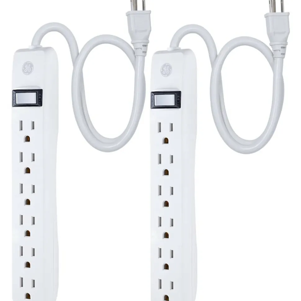 GE 6 Outlet Power Strip 2 Pack, 1'6" Cord, White, 14833