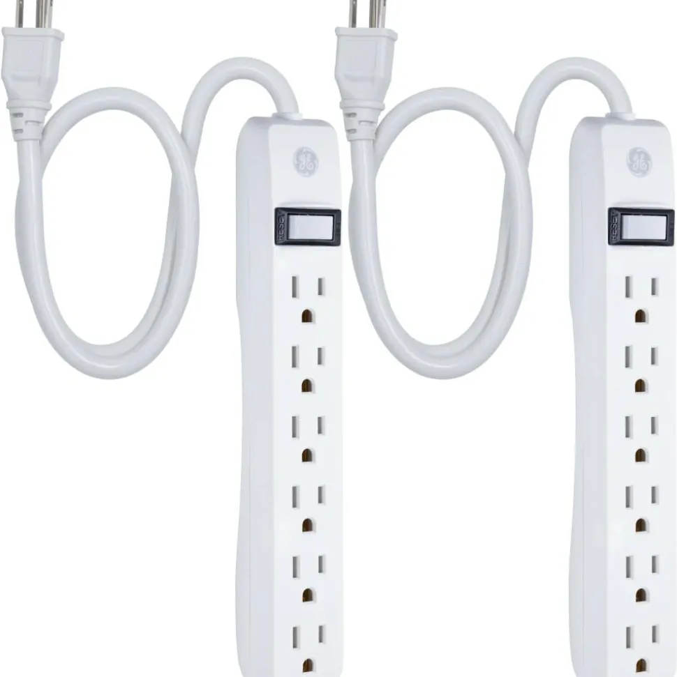 GE 6 Outlet Power Strip 2 Pack, 1'6" Cord, White, 14833
