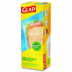 Glad Zipper Food Storage Plastic Sandwich Bags, 6.63 x 5.88, Clear, 50 Bags/Box, 12 Boxes/Carton
