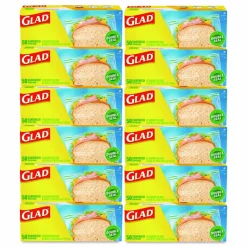 Glad Zipper Food Storage Plastic Sandwich Bags, 6.63 x 5.88, Clear, 50 Bags/Box, 12 Boxes/Carton