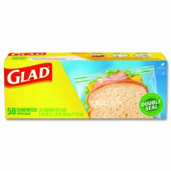 Glad Zipper Food Storage Plastic Sandwich Bags, 6.63 x 5.88, Clear, 50 Bags/Box, 12 Boxes/Carton