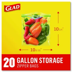 Glad Zipper Food Storage Plastic Bags, Gallon Size, 10.75 x 10.19, Clear, 20 Bags/Box, 12 Boxes/Carton