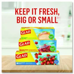 Glad Zipper Food Storage Plastic Bags, Gallon Size, 10.75 x 10.19, Clear, 20 Bags/Box, 12 Boxes/Carton