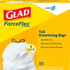 Glad CloroxPro ForceFlex Tall Kitchen Drawstring Trash Bags, 13 gal, 24 x 27.38, Gray, 100/Box