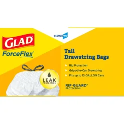 Glad CloroxPro ForceFlex Tall Kitchen Drawstring Trash Bags, 13 gal, 24 x 27.38, Gray, 100/Box