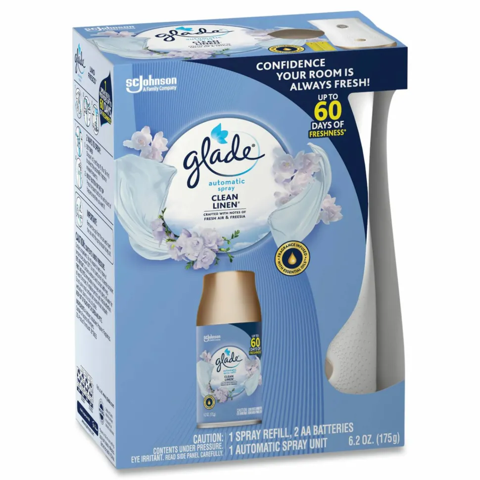 Glade Automatic Spray Starter Kit, Spray Unit and Refill, White/Gold, Clean Linen