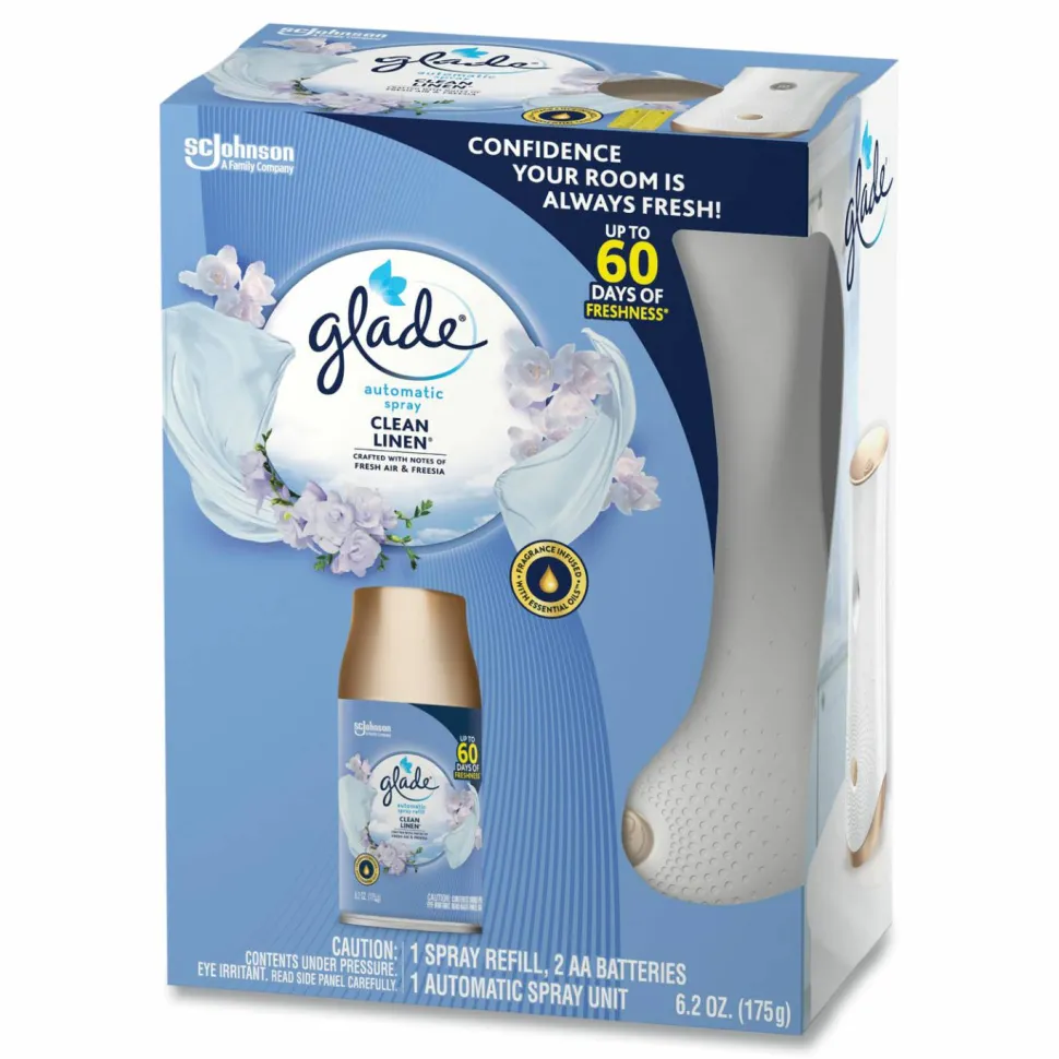 Glade Automatic Spray Starter Kit, Spray Unit and Refill, White/Gold, Clean Linen