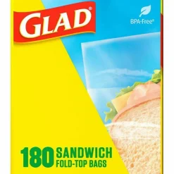 Glad Fold Top Food Storage Plastic Sandwich Bags, 6.5 x 5.5, Clear, 180 Bags/Box, 12 Boxes/Carton