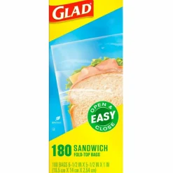 Glad Fold Top Food Storage Plastic Sandwich Bags, 6.5 x 5.5, Clear, 180 Bags/Box, 12 Boxes/Carton