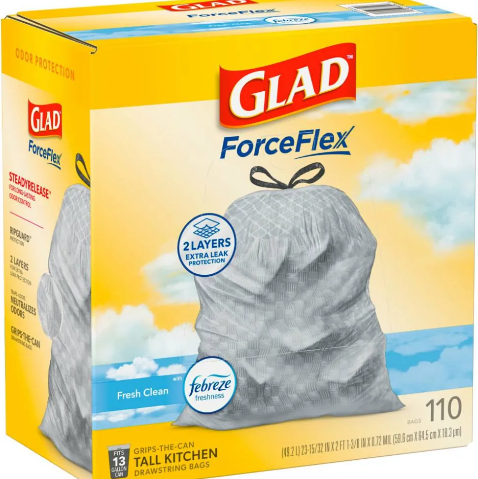 Glad ForceFlex Tall Kitchen Drawstring Trash Bags, 0.72 mil, 13 Gallon, Gain Fresh Clean, 110 Count (78554)