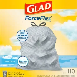 Glad ForceFlex Tall Kitchen Drawstring Trash Bags, 0.72 mil, 13 Gallon, Gain Fresh Clean, 110 Count (78554)