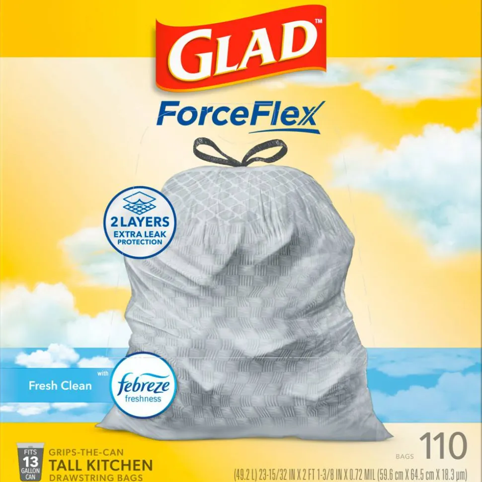 Glad ForceFlex Tall Kitchen Drawstring Trash Bags, 0.72 mil, 13 Gallon, Gain Fresh Clean, 110 Count (78554)