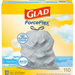 Glad ForceFlex Tall Kitchen Drawstring Trash Bags, 0.72 mil, 13 Gallon, Gain Fresh Clean, 110 Count (78554)