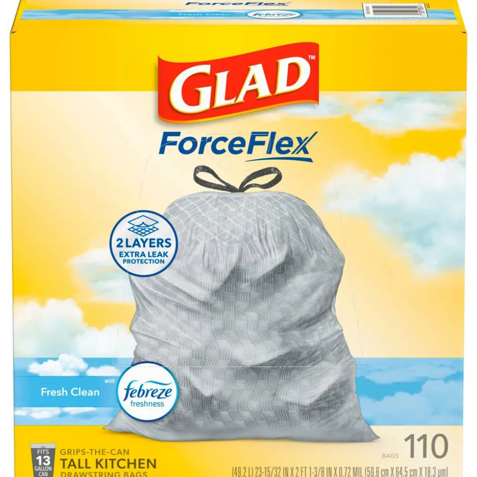 Glad ForceFlex Tall Kitchen Drawstring Trash Bags, 0.72 mil, 13 Gallon, Gain Fresh Clean, 110 Count (78554)