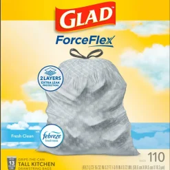 Glad ForceFlex Tall Kitchen Drawstring Trash Bags, 0.72 mil, 13 Gallon, Gain Fresh Clean, 110 Count (78554)