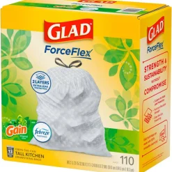 Glad ForceFlex Tall Kitchen Drawstring Trash Bags, 0.72 mil, 13 Gallon, Gain Original with Febreze Freshness, 110 Count