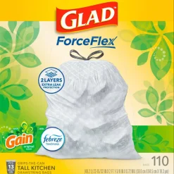 Glad ForceFlex Tall Kitchen Drawstring Trash Bags, 0.72 mil, 13 Gallon, Gain Original with Febreze Freshness, 110 Count