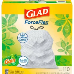 Glad ForceFlex Tall Kitchen Drawstring Trash Bags, 0.72 mil, 13 Gallon, Gain Original with Febreze Freshness, 110 Count