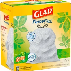Glad ForceFlex Tall Kitchen Drawstring Trash Bags, 0.72 mil, 13 Gallon, Gain Original with Febreze Freshness, 110 Count