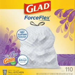 Glad ForceFlex Tall Kitchen Drawstring Trash Bags, 0.72 mil, 13 Gallon, Gain Lavender with Febreze Freshness, 110 Count