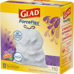 Glad ForceFlex Tall Kitchen Drawstring Trash Bags, 0.72 mil, 13 Gallon, Gain Lavender with Febreze Freshness, 110 Count