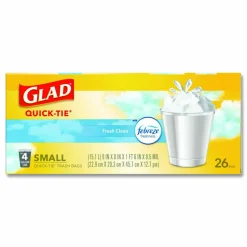 Glad OdorShield Quick-Tie Small Trash Bags, 0.5 mil, Tie-Flap, 4 gal, Febreze Fresh Clean Scent, 8 x 18, White, 26 Bags/Box, 6 Boxes/Carton