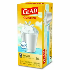 Glad OdorShield Quick-Tie Small Trash Bags, 0.5 mil, Tie-Flap, 4 gal, Febreze Fresh Clean Scent, 8 x 18, White, 26 Bags/Box, 6 Boxes/Carton